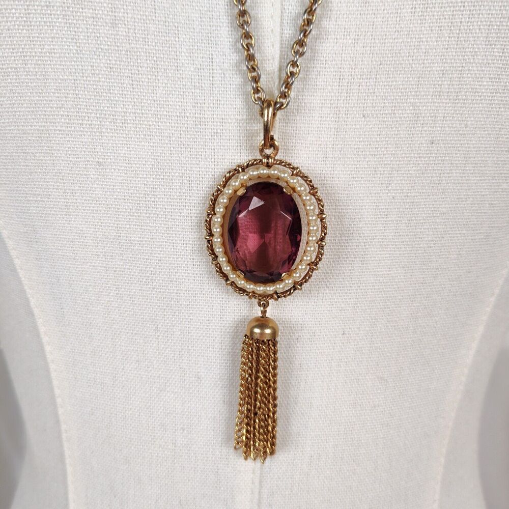 Vintage 70s Avon Tasseled Pendant Necklace Gold Tone Faceted Amethyst Glass